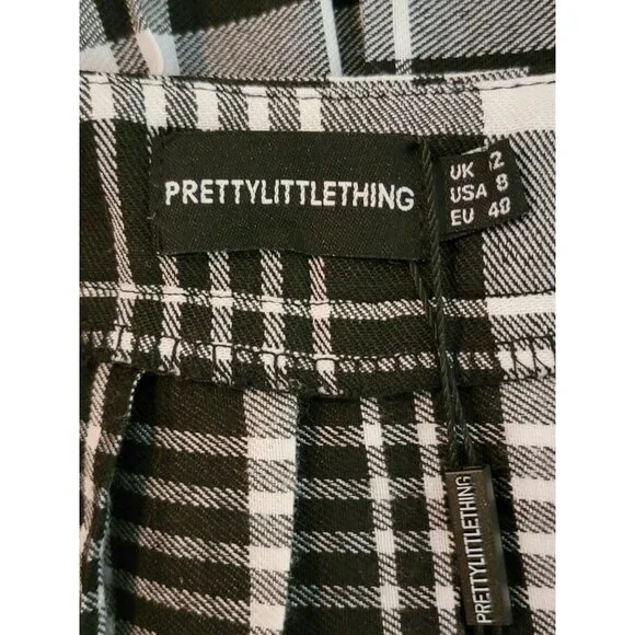 Black & White Pleated Check Mini Skirt By PrettyLittleThing Size 8 EU 40 - Picture 3 of 3